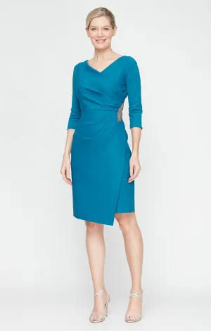 3/4 Sleeve Compression Sheath Dress with Beaded Hip Detail Ruffle Detail