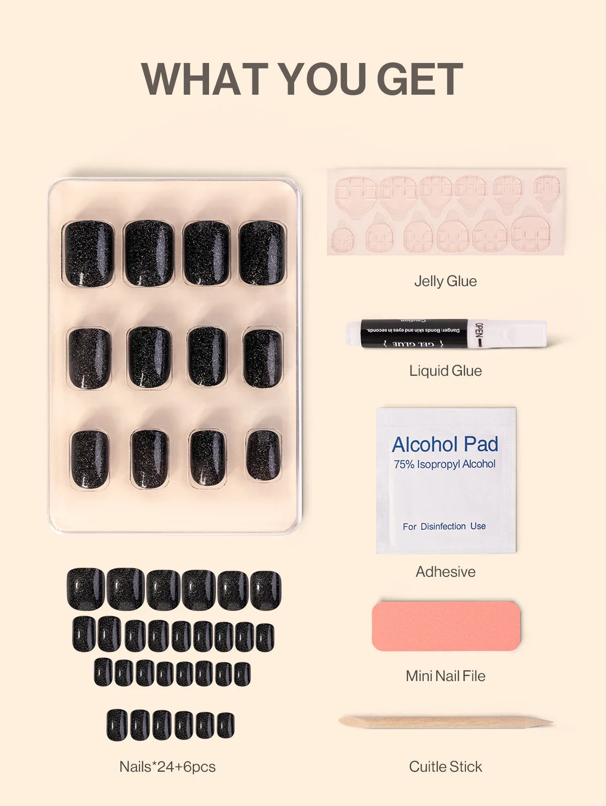 Acrylic Press On Nails - Short Square Black