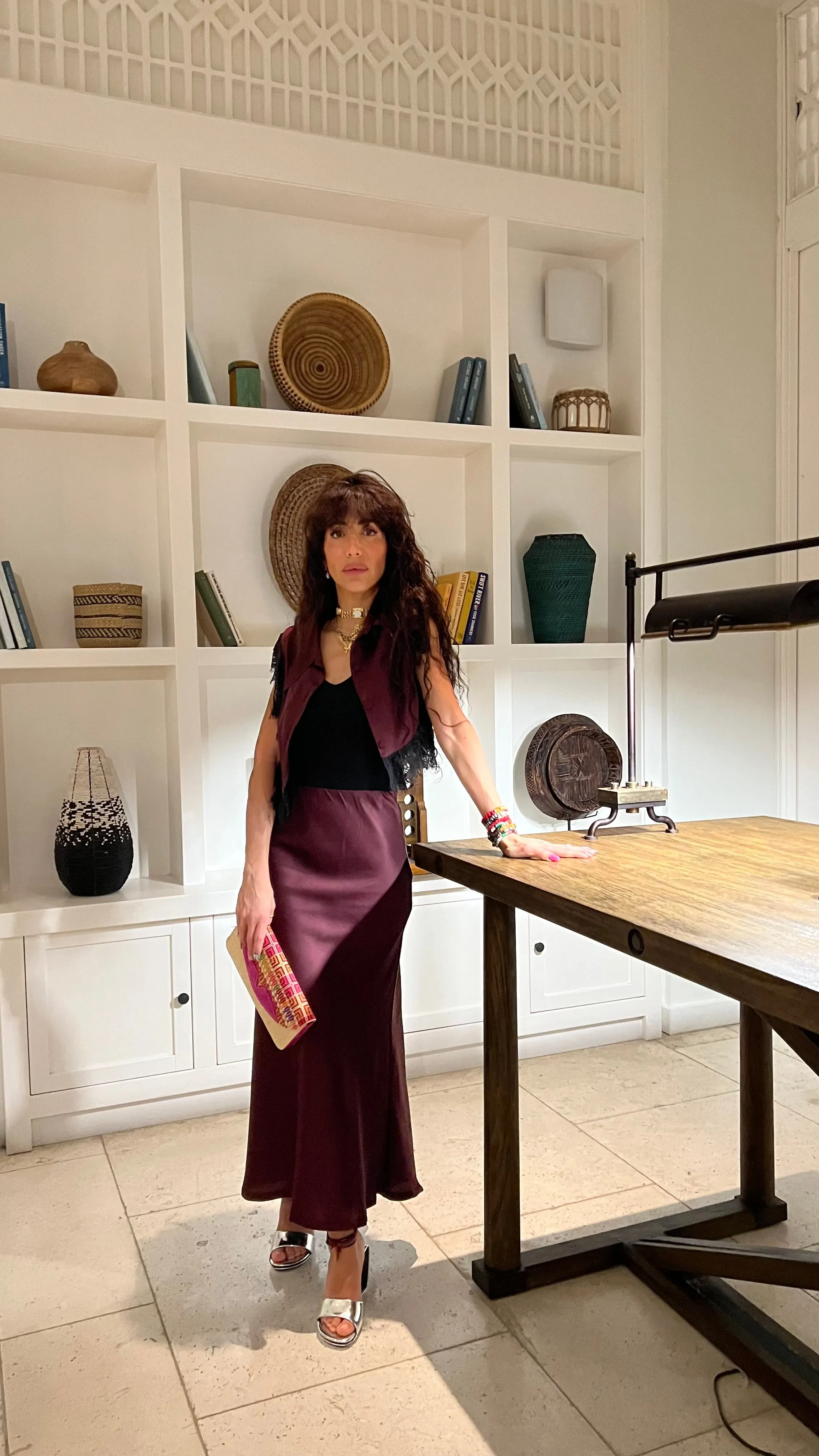 Amal Draped Satin Top in Burgundy