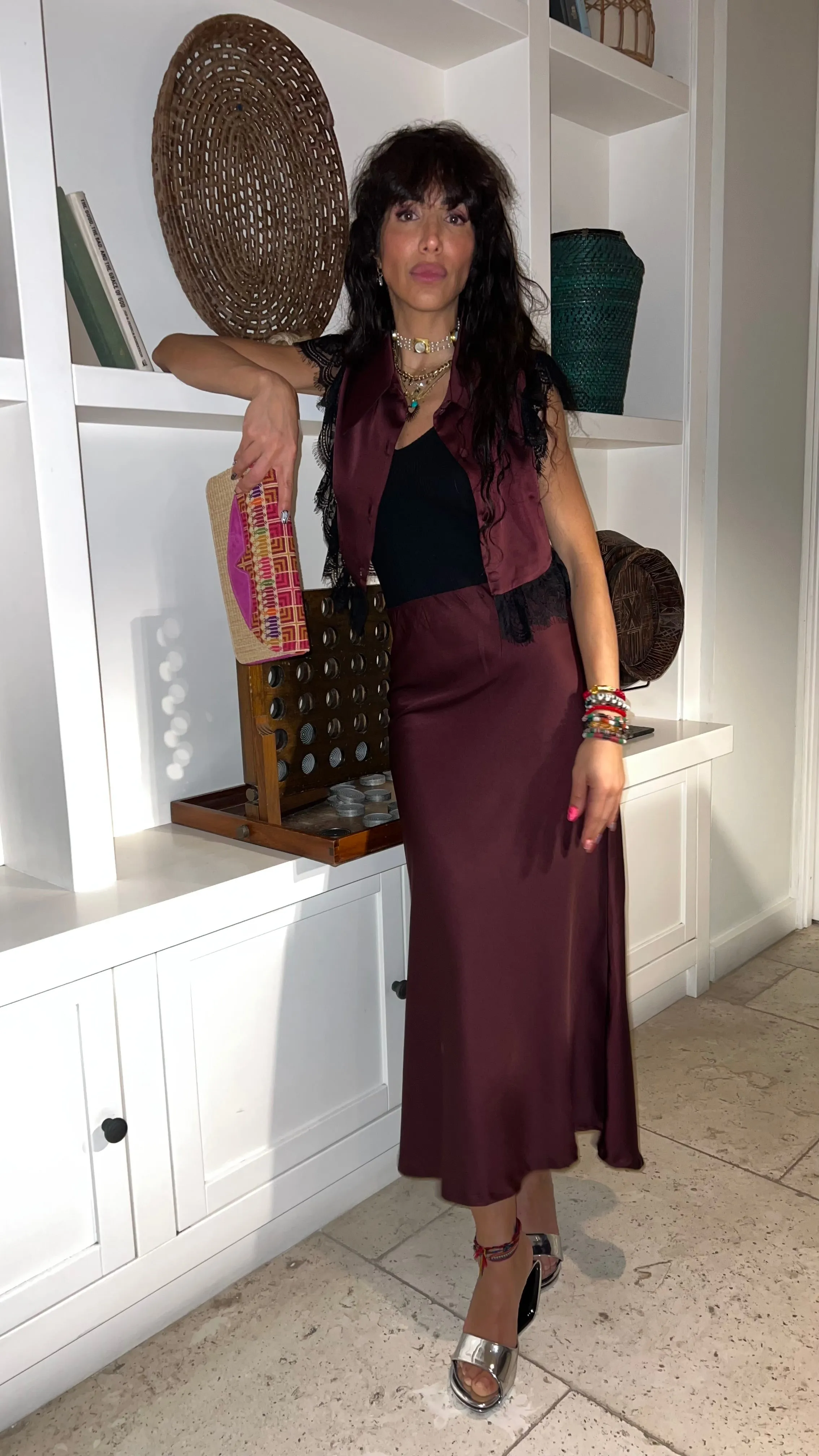 Amal Draped Satin Top in Burgundy