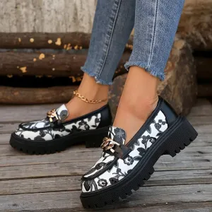 Chique Retro Bloemen Loafers - Slip-On met Metallic Gesp & Dikke Zool