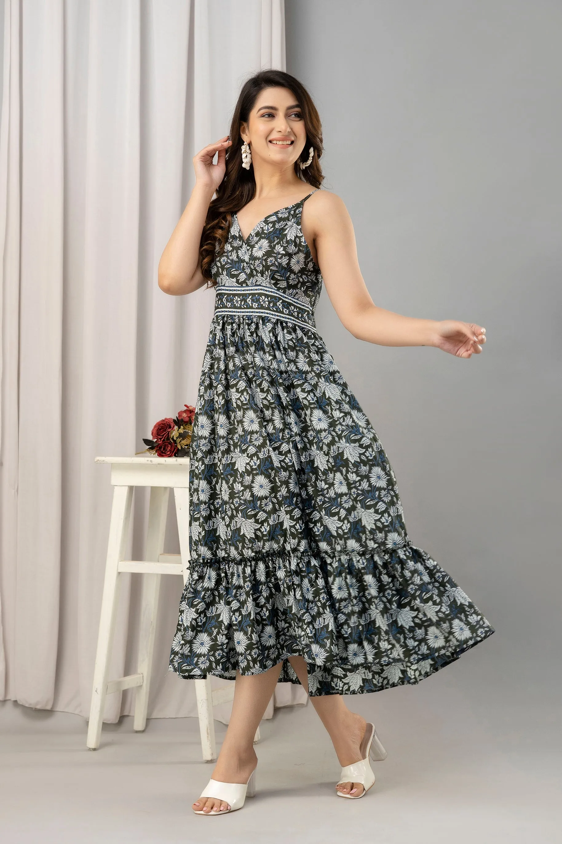 Dark Green Floral Printed Sleeveless Fit and Flare Maxi Dress - SHKUP1443