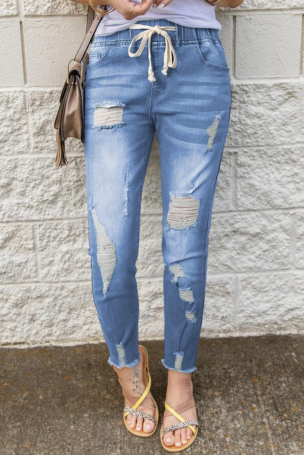 Drawstring Elastic Waist Raw Hem Distressed Jeans
