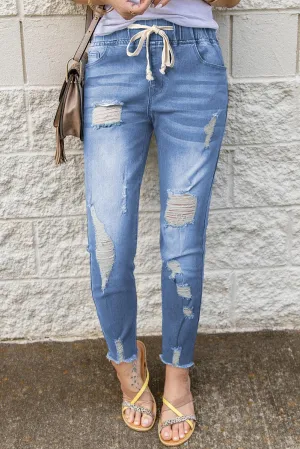 Drawstring Elastic Waist Raw Hem Distressed Jeans