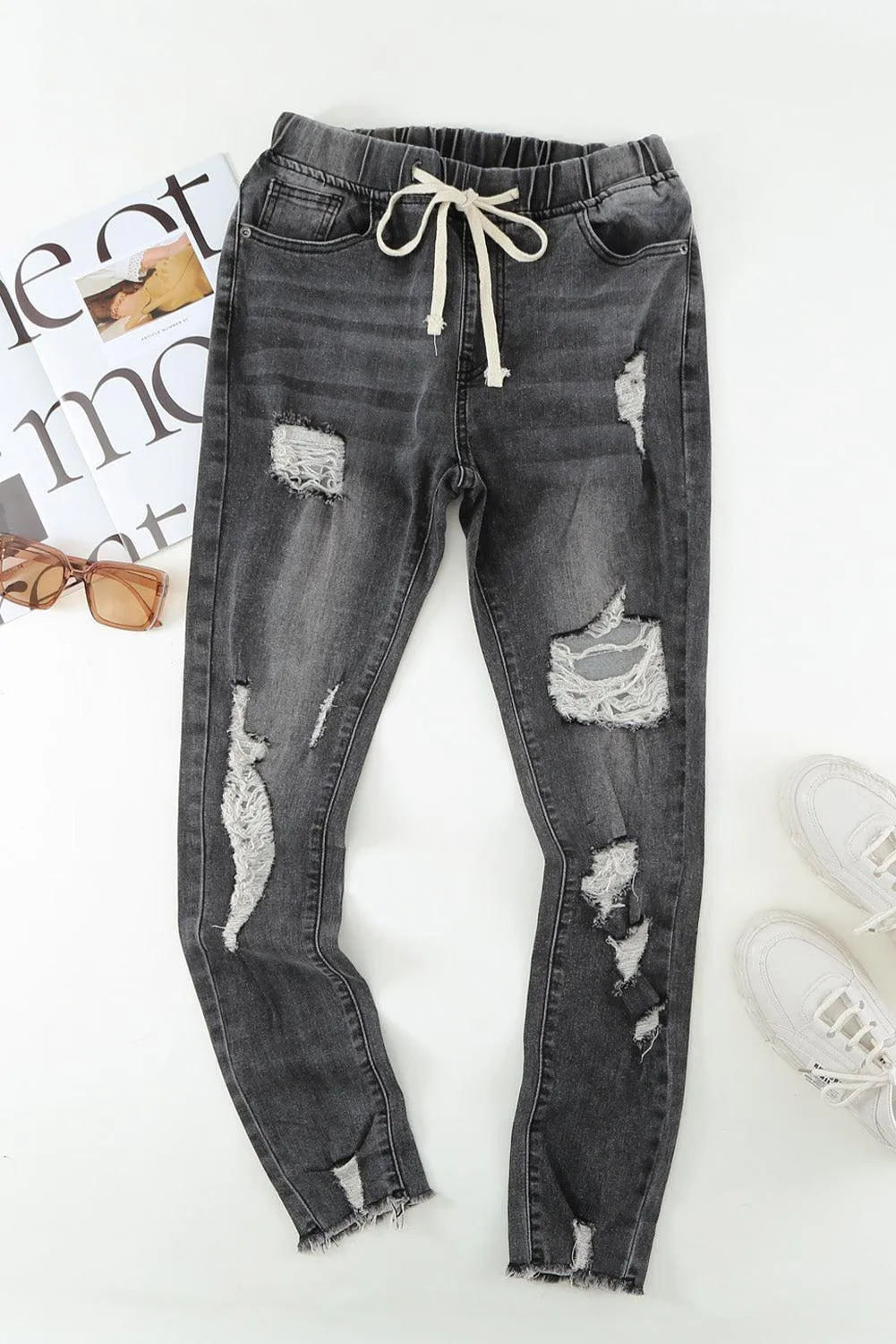 Drawstring Elastic Waist Raw Hem Distressed Jeans