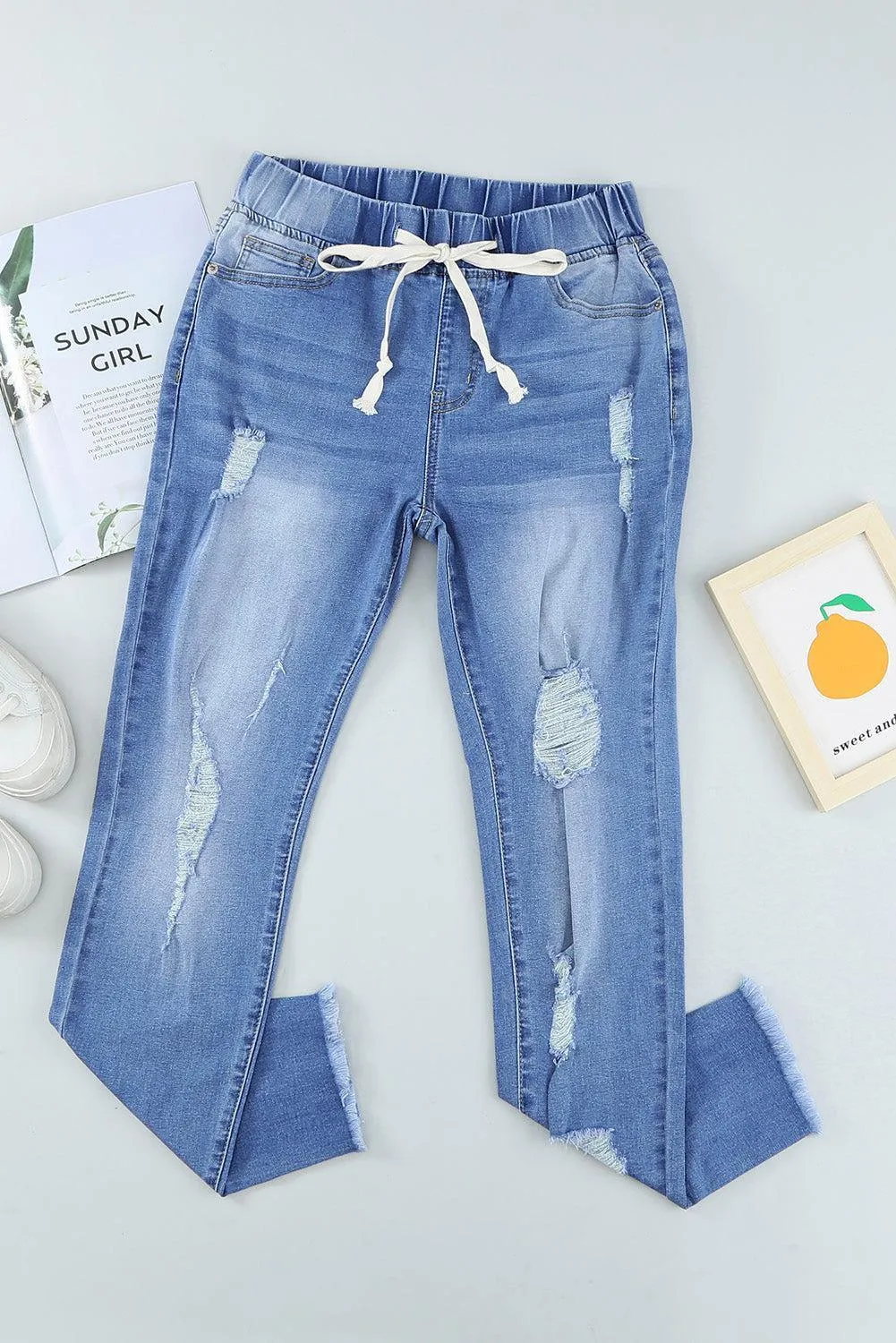 Drawstring Elastic Waist Raw Hem Distressed Jeans