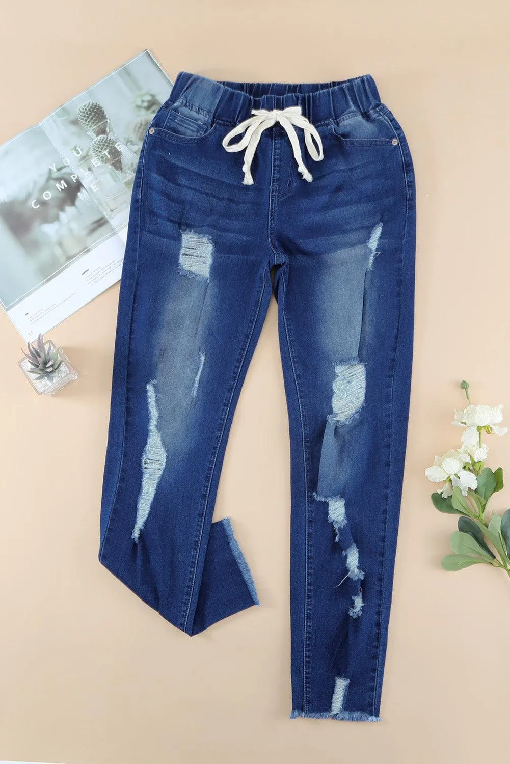 Drawstring Elastic Waist Raw Hem Distressed Jeans