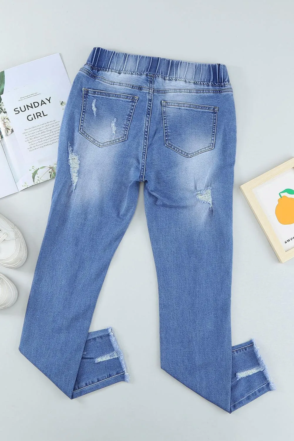 Drawstring Elastic Waist Raw Hem Distressed Jeans