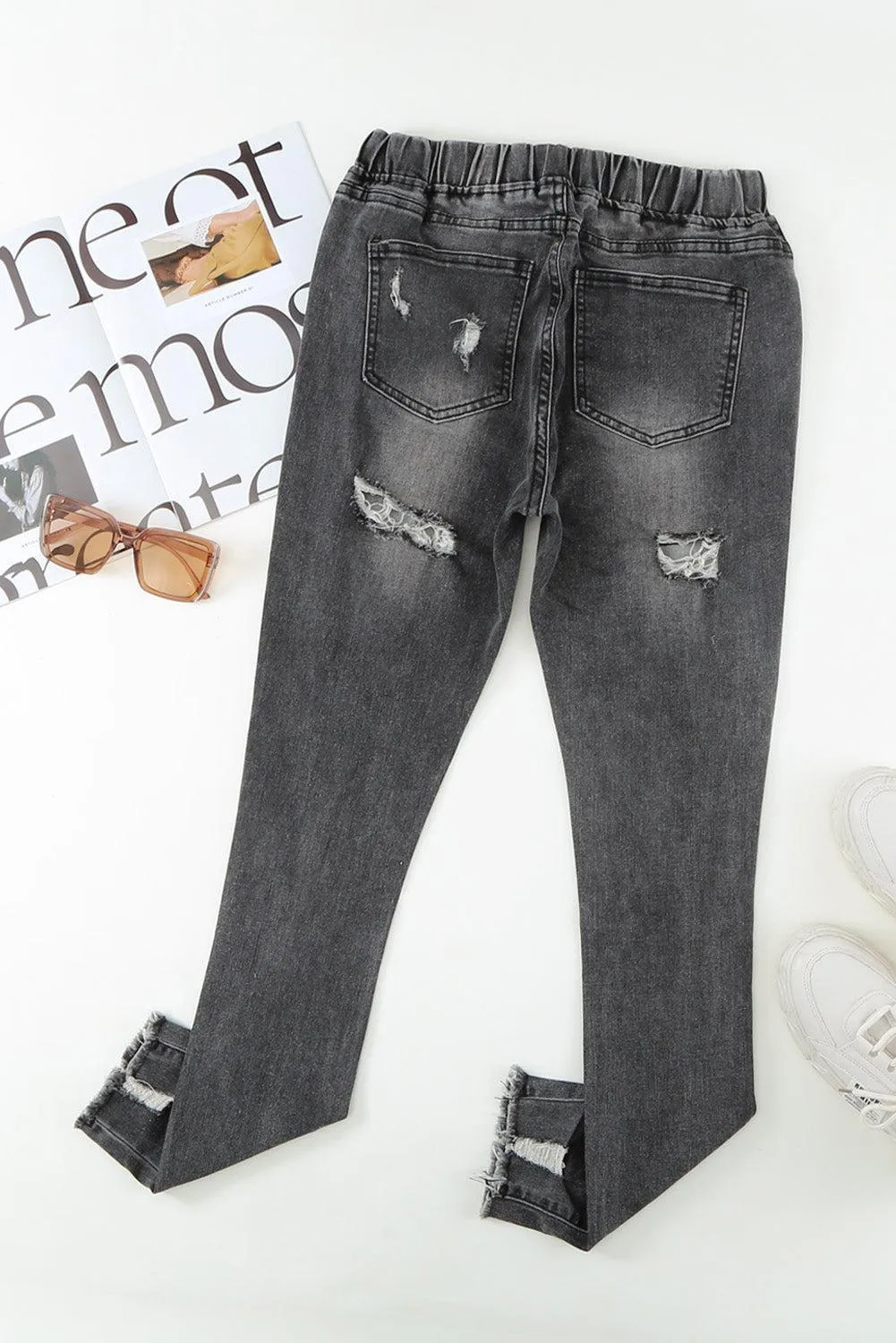 Drawstring Elastic Waist Raw Hem Distressed Jeans