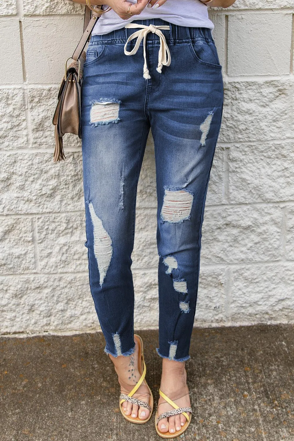Drawstring Elastic Waist Raw Hem Distressed Jeans