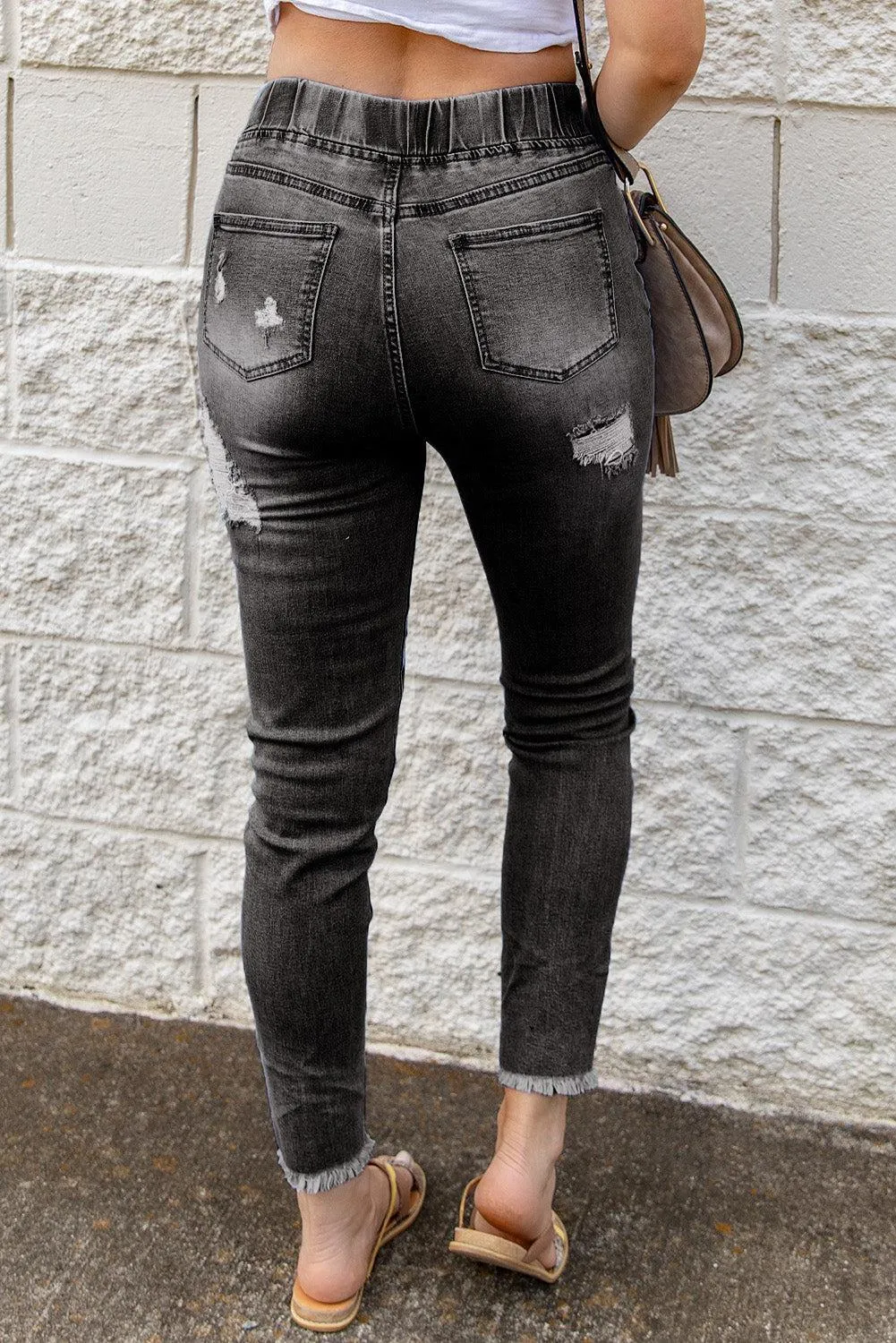 Drawstring Elastic Waist Raw Hem Distressed Jeans