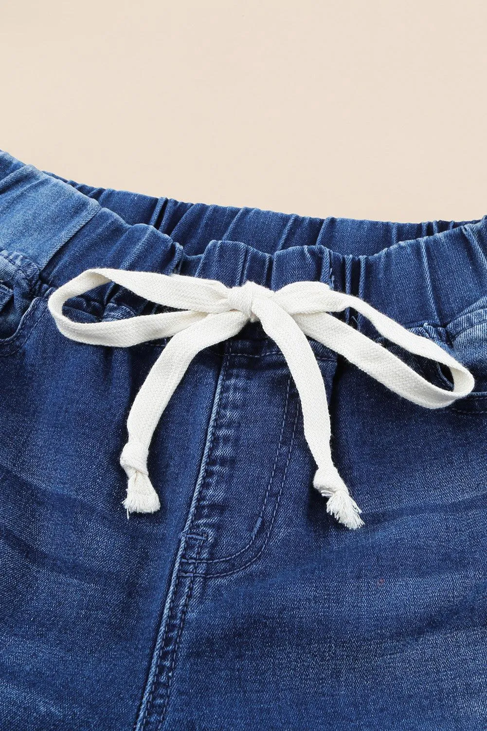 Drawstring Elastic Waist Raw Hem Distressed Jeans