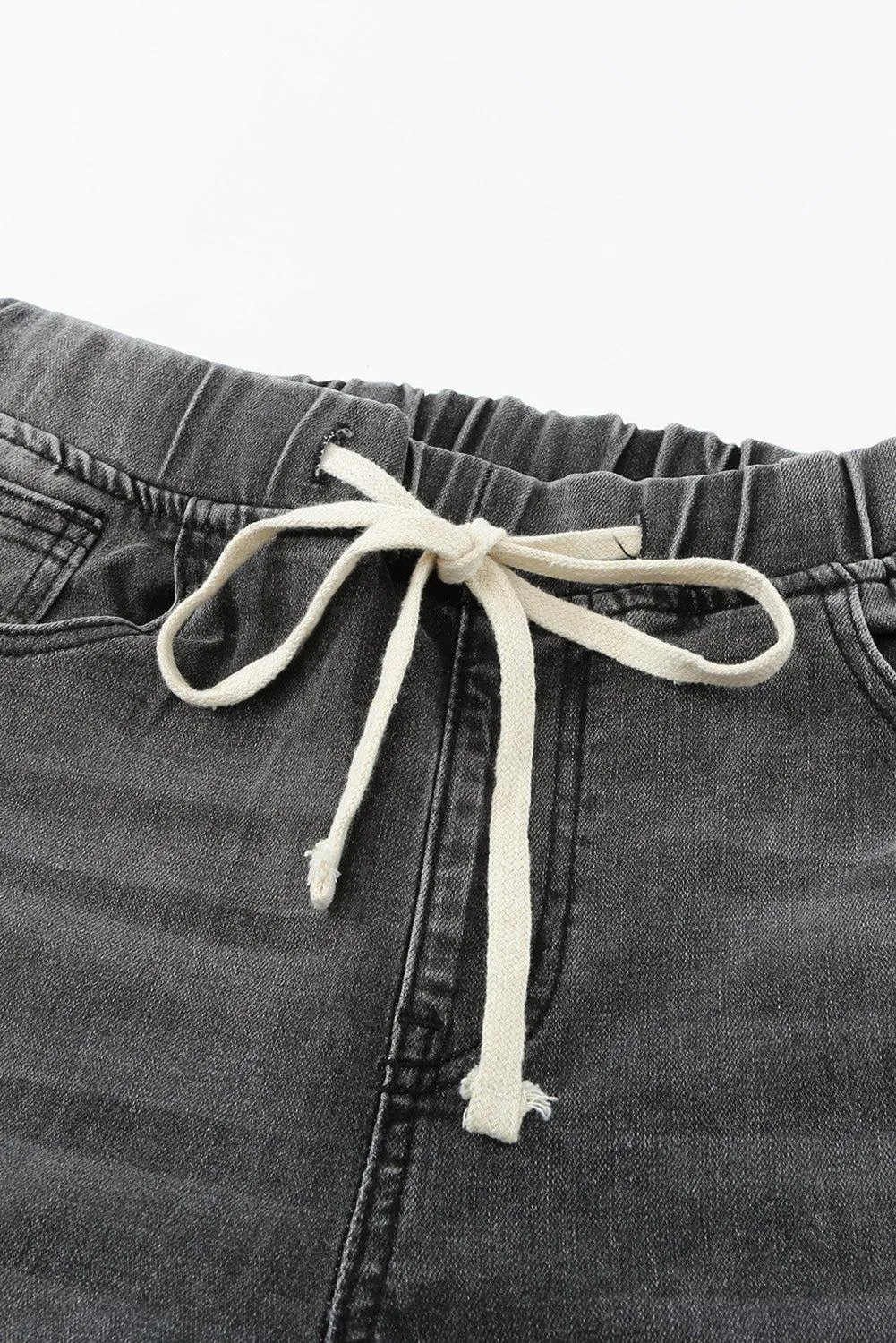 Drawstring Elastic Waist Raw Hem Distressed Jeans