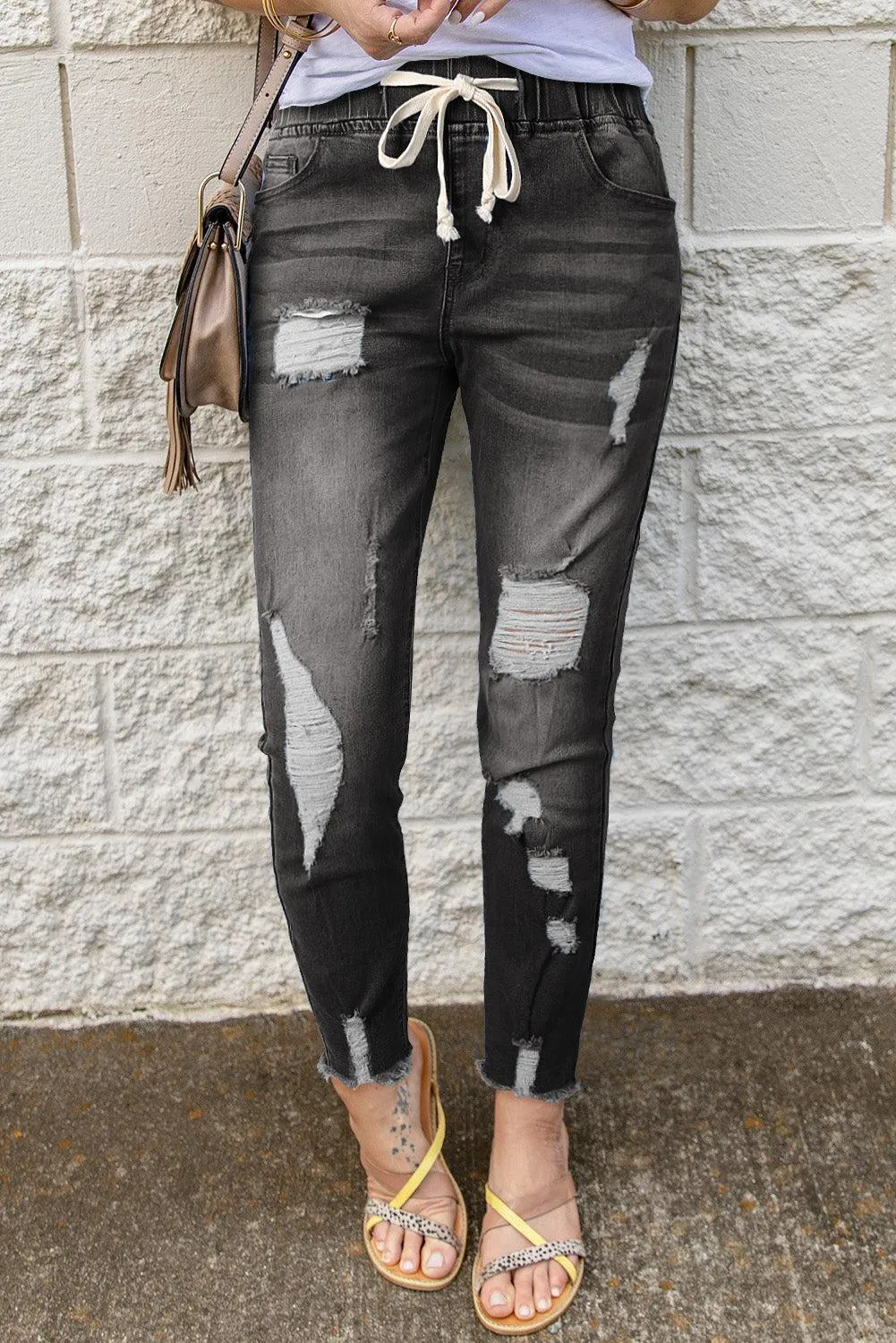 Drawstring Elastic Waist Raw Hem Distressed Jeans