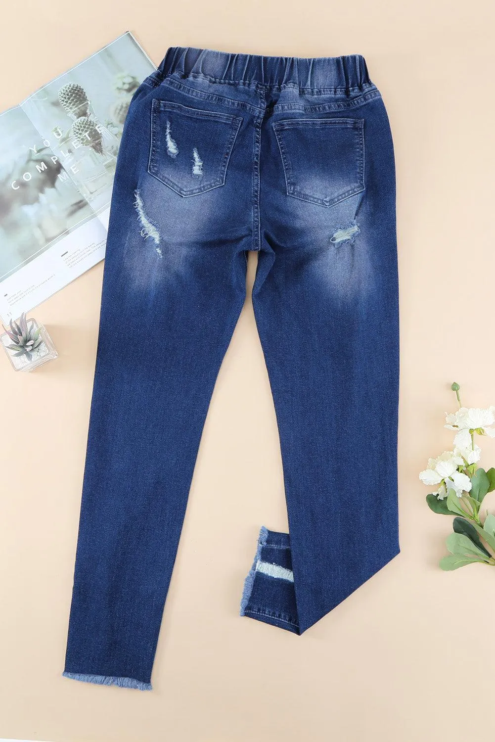 Drawstring Elastic Waist Raw Hem Distressed Jeans