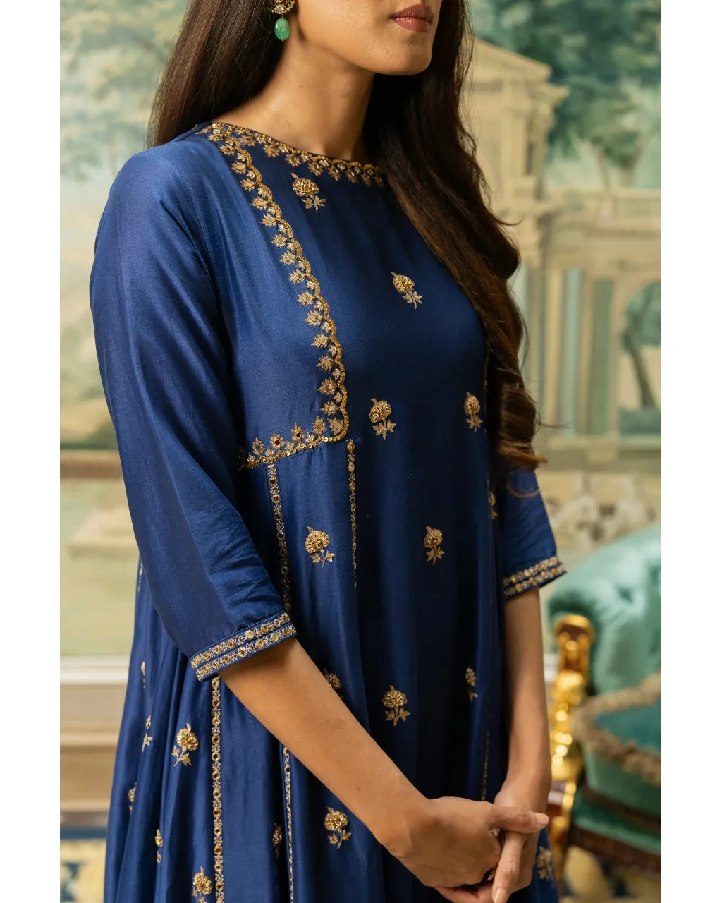 Electric Blue Butti Embroidered Kurta Set
