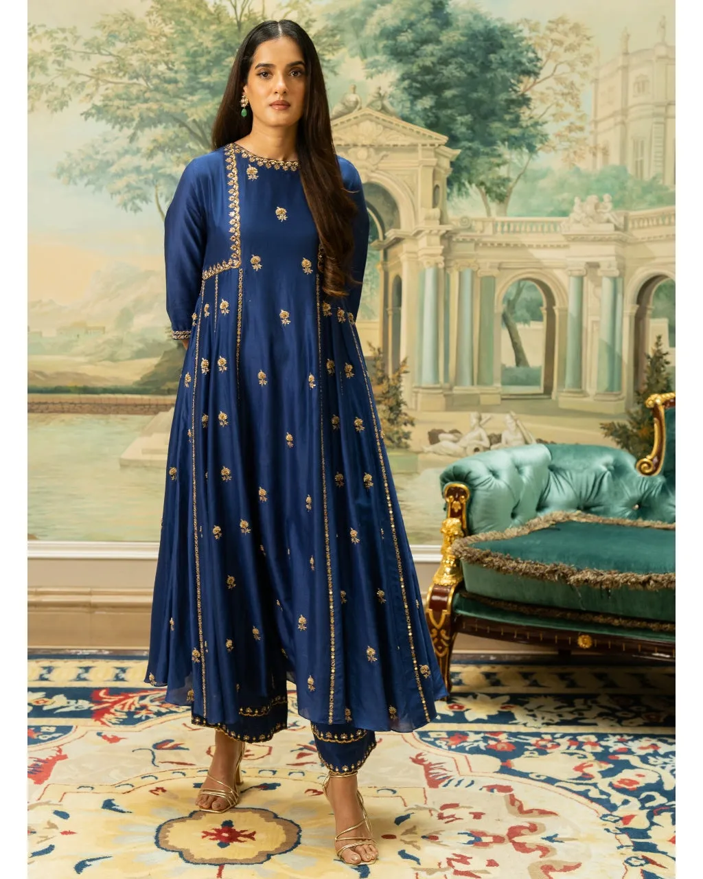Electric Blue Butti Embroidered Kurta Set