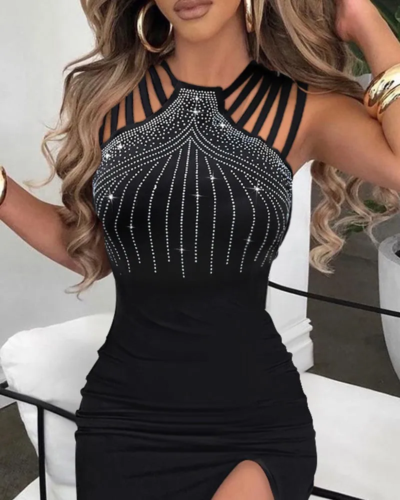 Elegant Rhinestone Split Sheath Dress