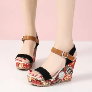 Embroidered Floral High Wedge Heels
