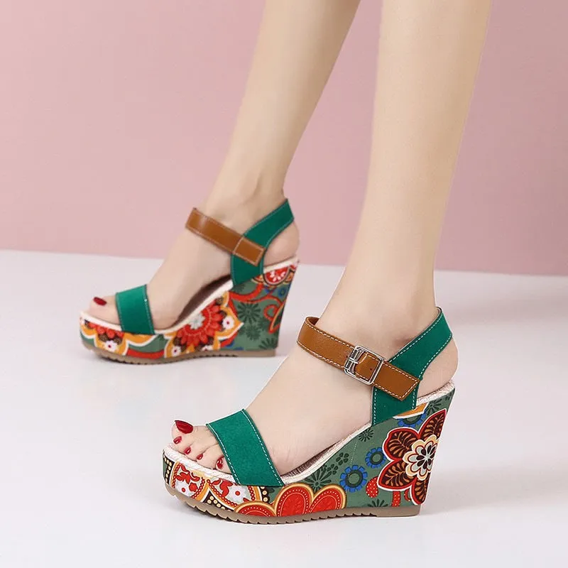 Embroidered Floral High Wedge Heels