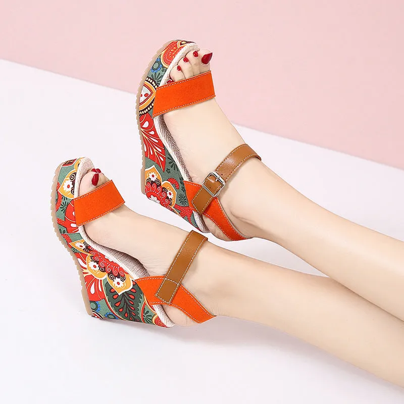 Embroidered Floral High Wedge Heels