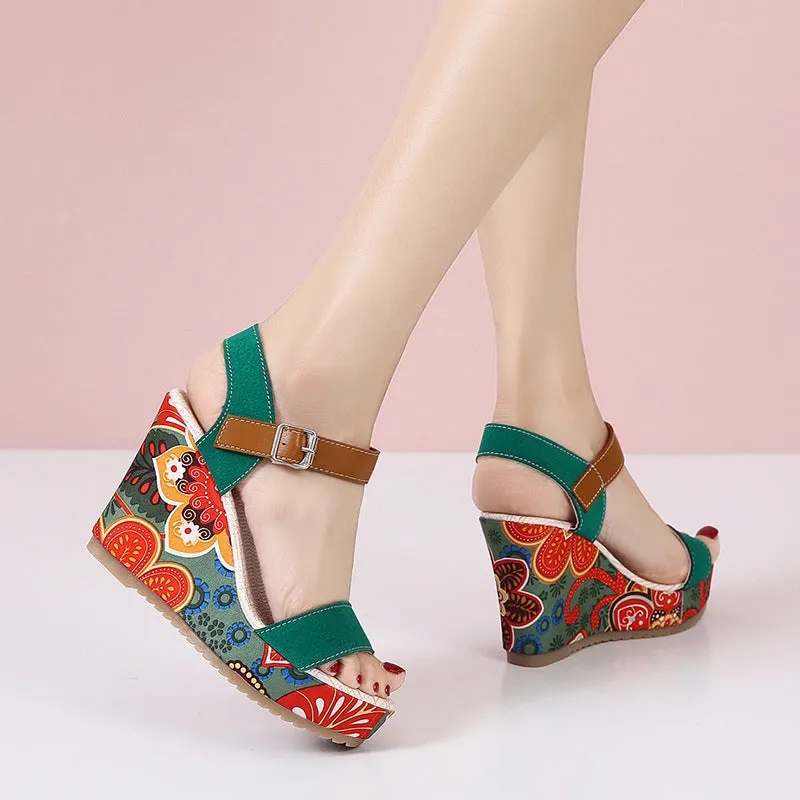 Embroidered Floral High Wedge Heels