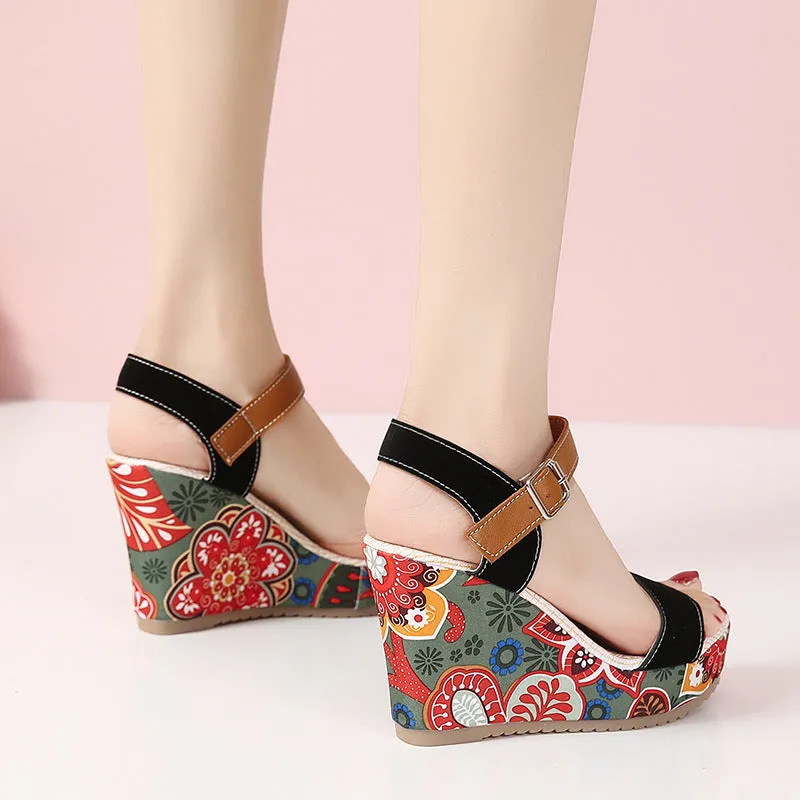 Embroidered Floral High Wedge Heels