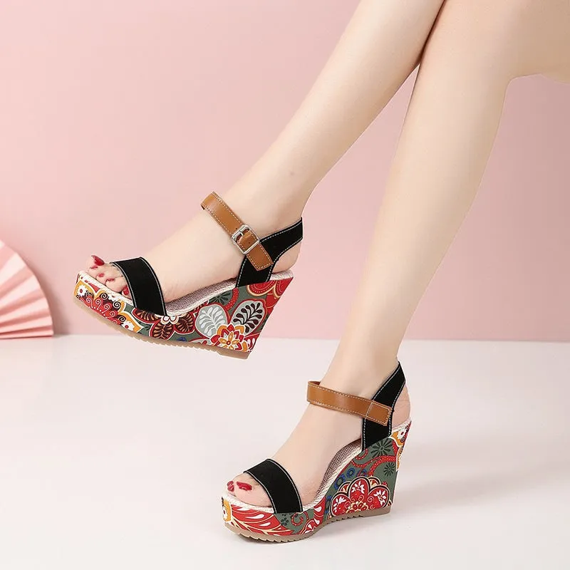 Embroidered Floral High Wedge Heels