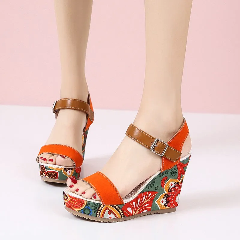 Embroidered Floral High Wedge Heels