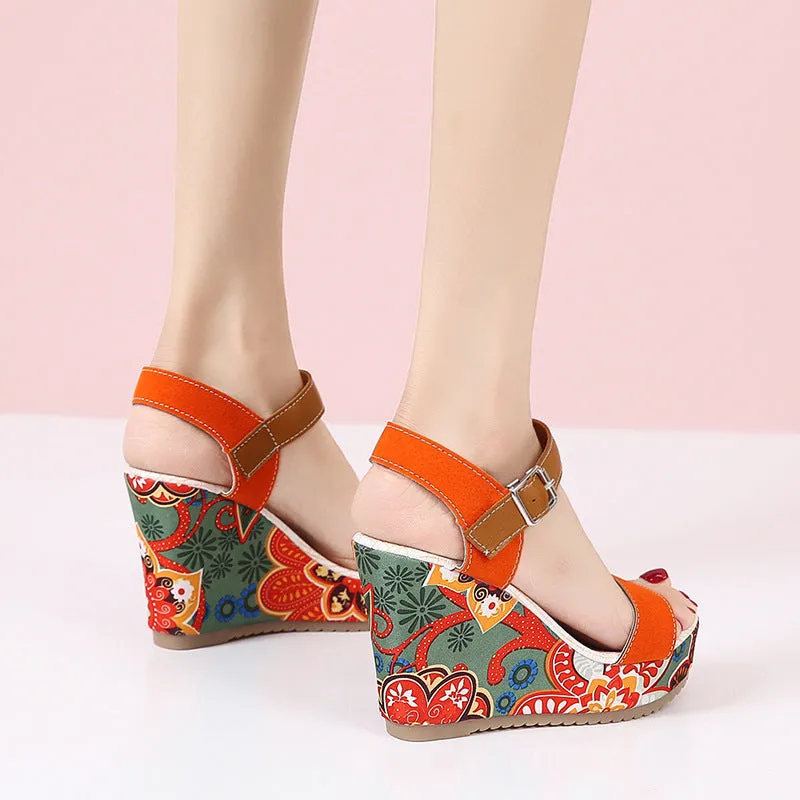 Embroidered Floral High Wedge Heels