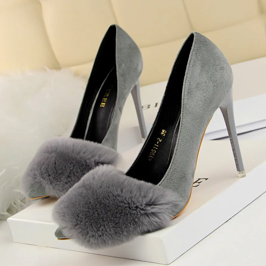 Faux Fur Decoration Suede Stiletto Heel Pointed Toe High Heels Party Shoes