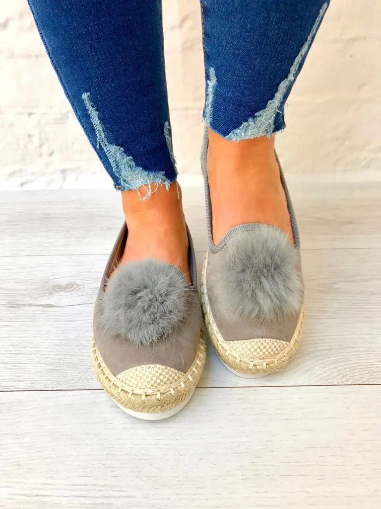 Faux Suede Pom Pom Summer Espadrilles in Grey