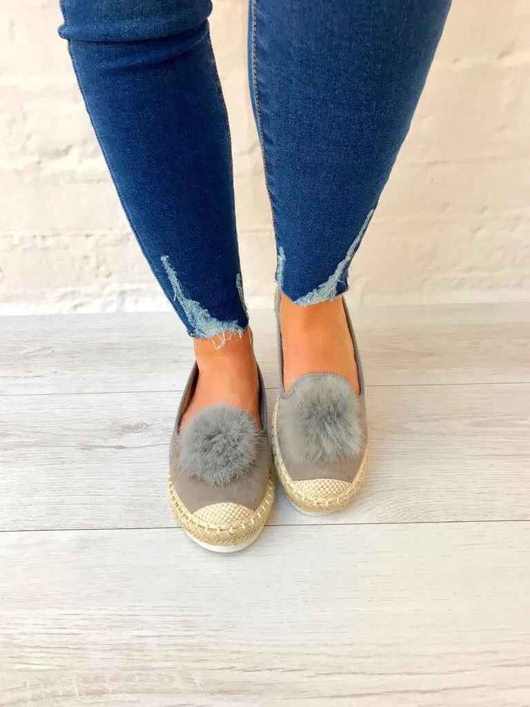 Faux Suede Pom Pom Summer Espadrilles in Grey