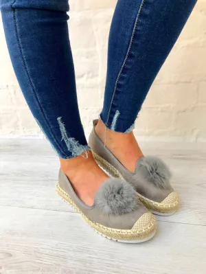 Faux Suede Pom Pom Summer Espadrilles in Grey