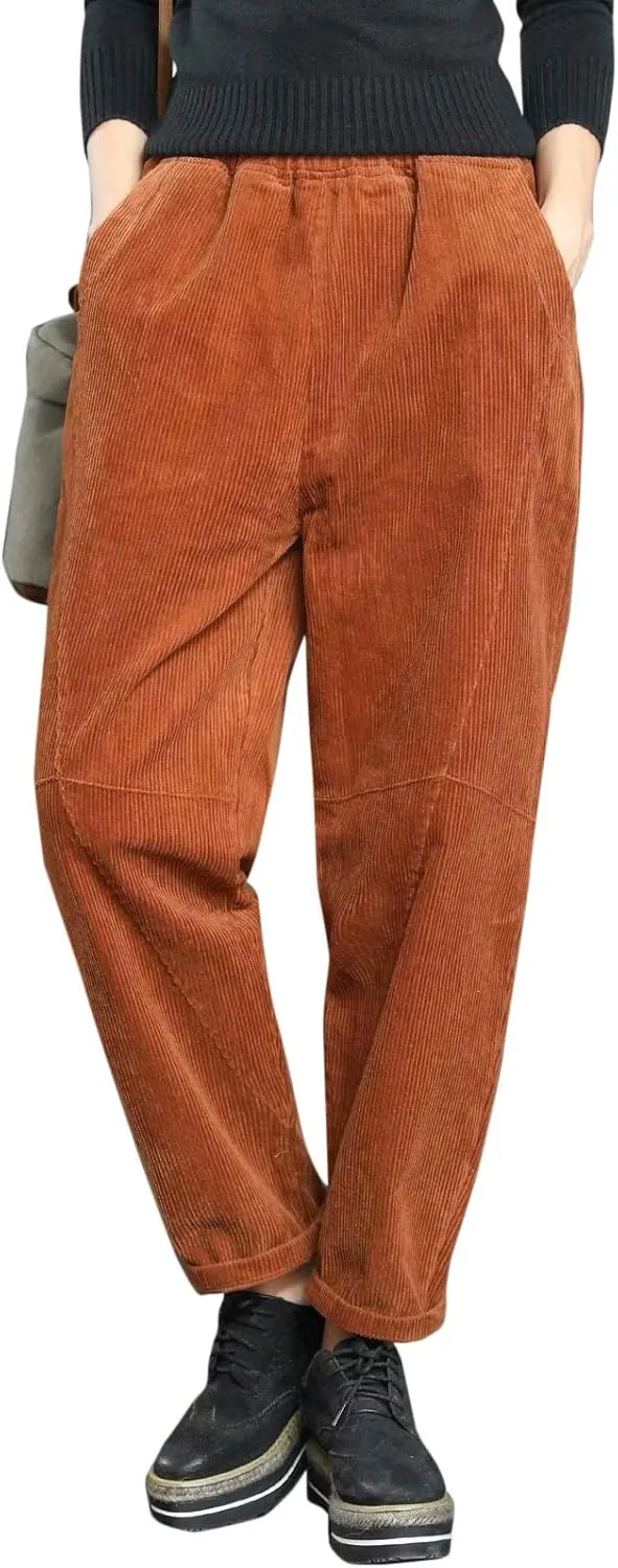 Flygo Women's Retro Corduroy Harem Pants Loose Fit Tapered Pant Trousers