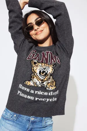Ganni Graphic Wool Mix Tiger Crewneck - Gray Quill