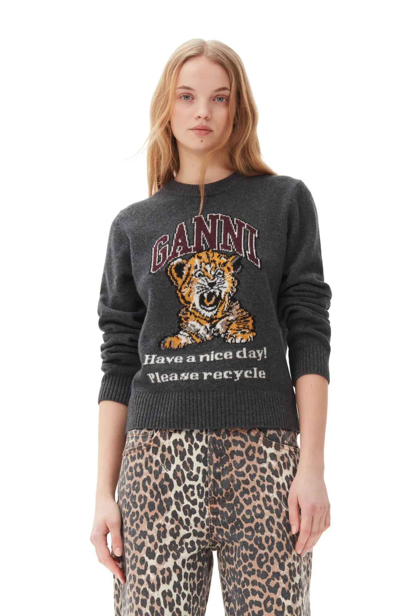Ganni Graphic Wool Mix Tiger Crewneck - Gray Quill