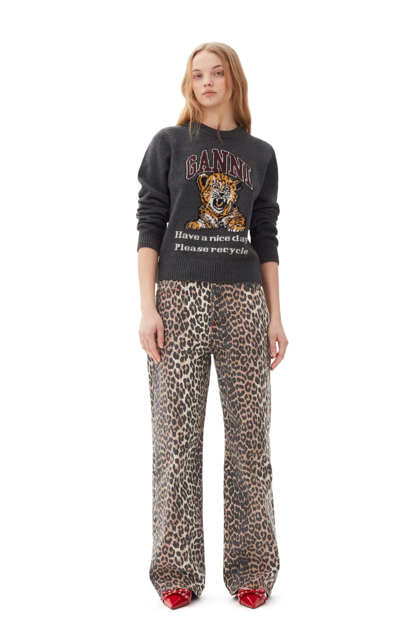 Ganni Graphic Wool Mix Tiger Crewneck - Gray Quill