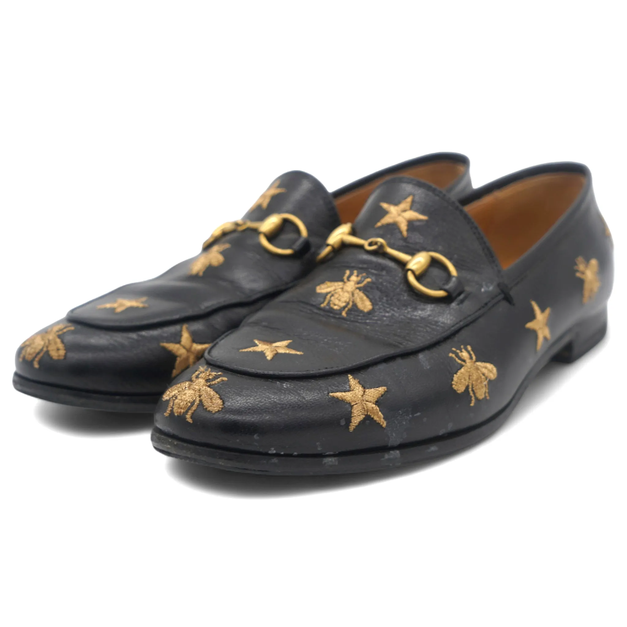 Goatskin Bee Star Embroidered Women Loafers Black 37