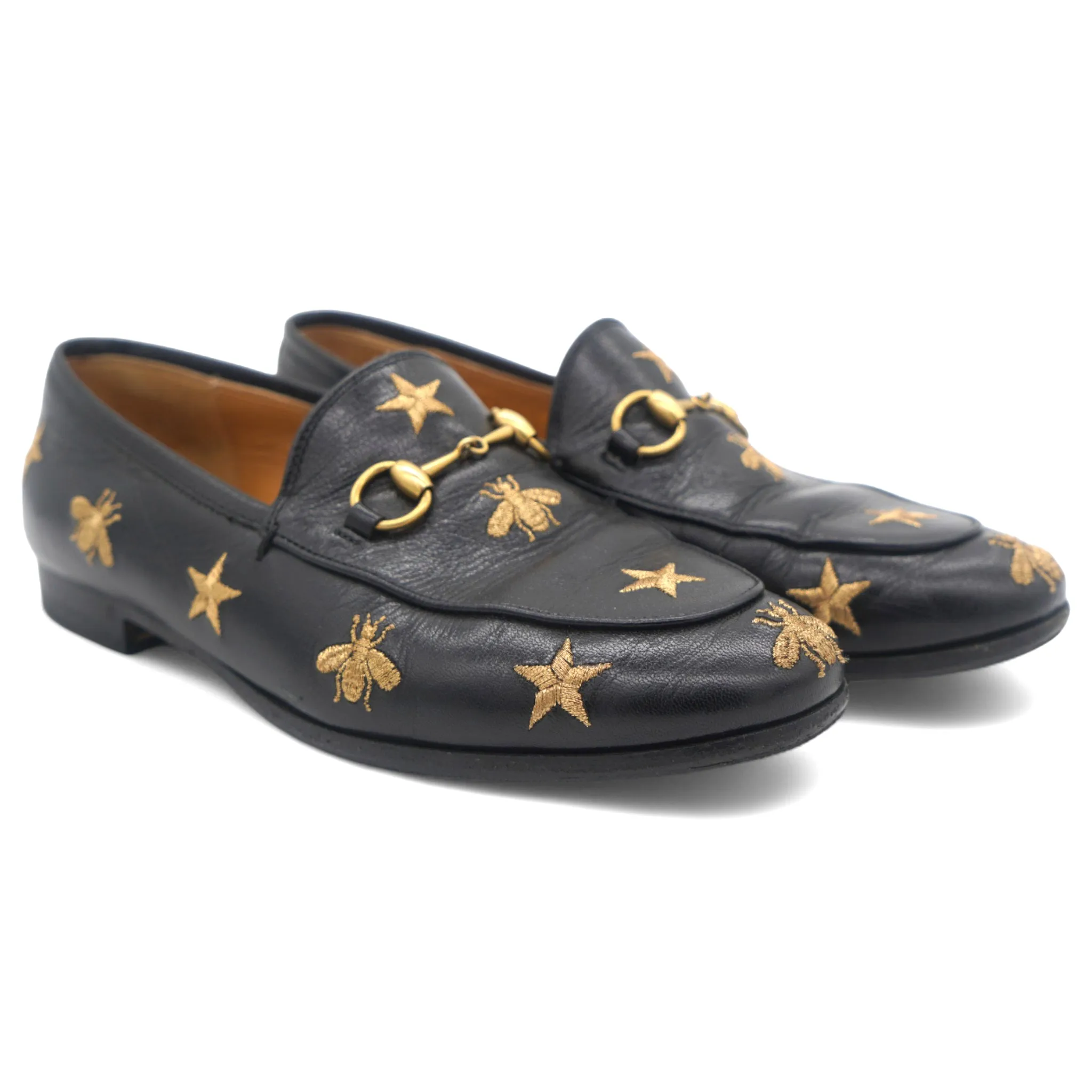 Goatskin Bee Star Embroidered Women Loafers Black 37