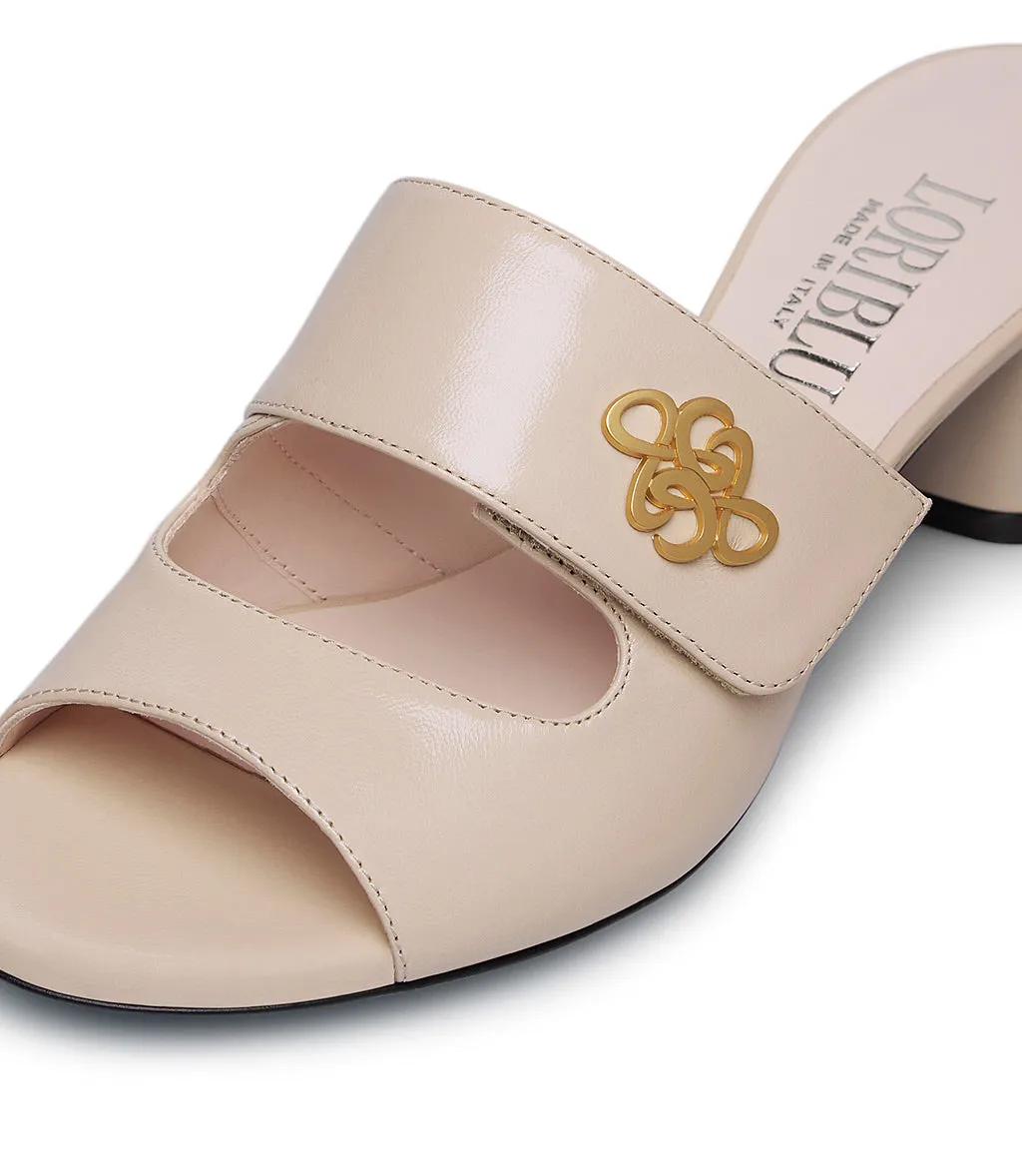 gold metal logo sand leather mules