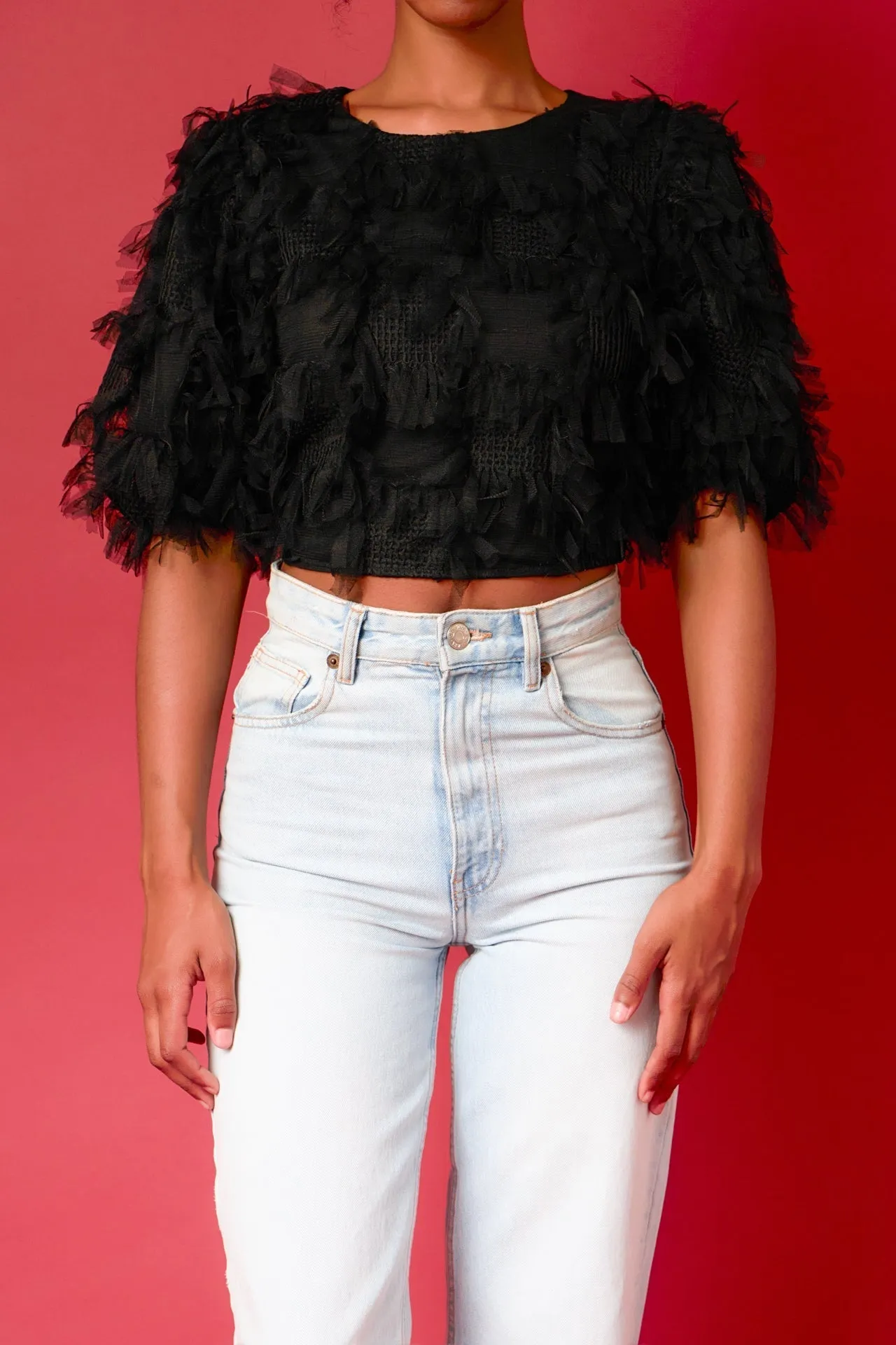 Gridded Mesh Feathered Cropped Top
