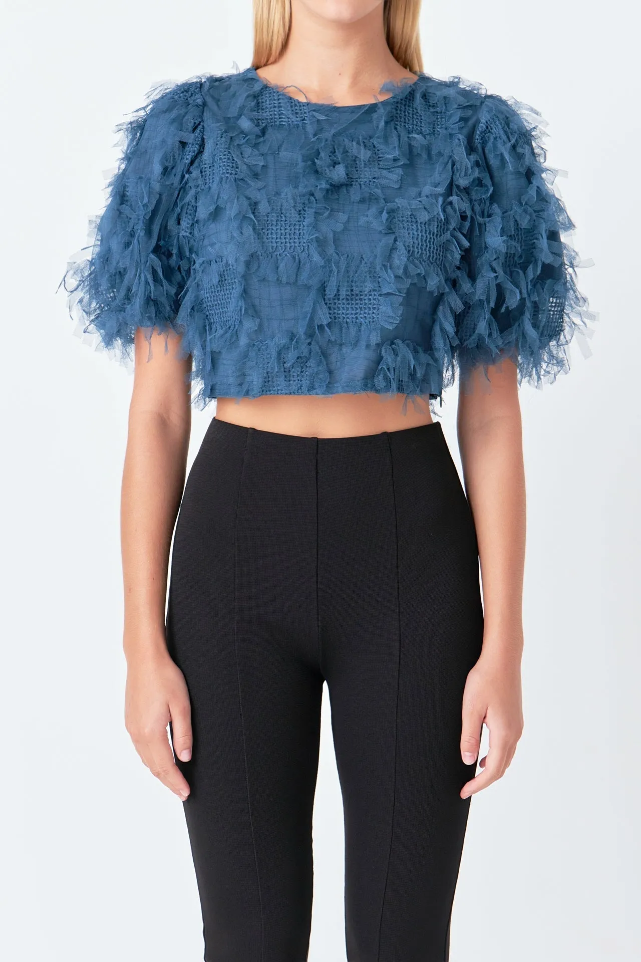 Gridded Mesh Feathered Cropped Top