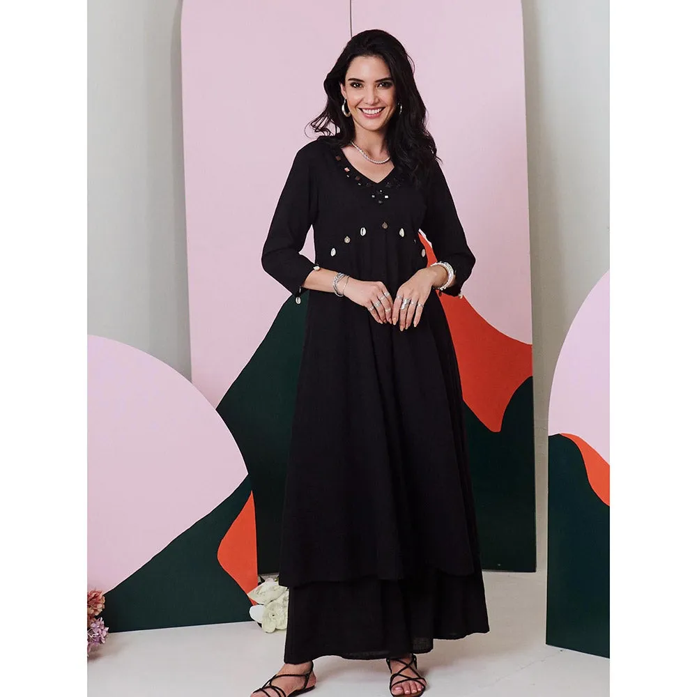 Gulaal Ajuni Black Mirror Embroidered Kurta Palazzo with Chanderi Dupatta (Set of 3)
