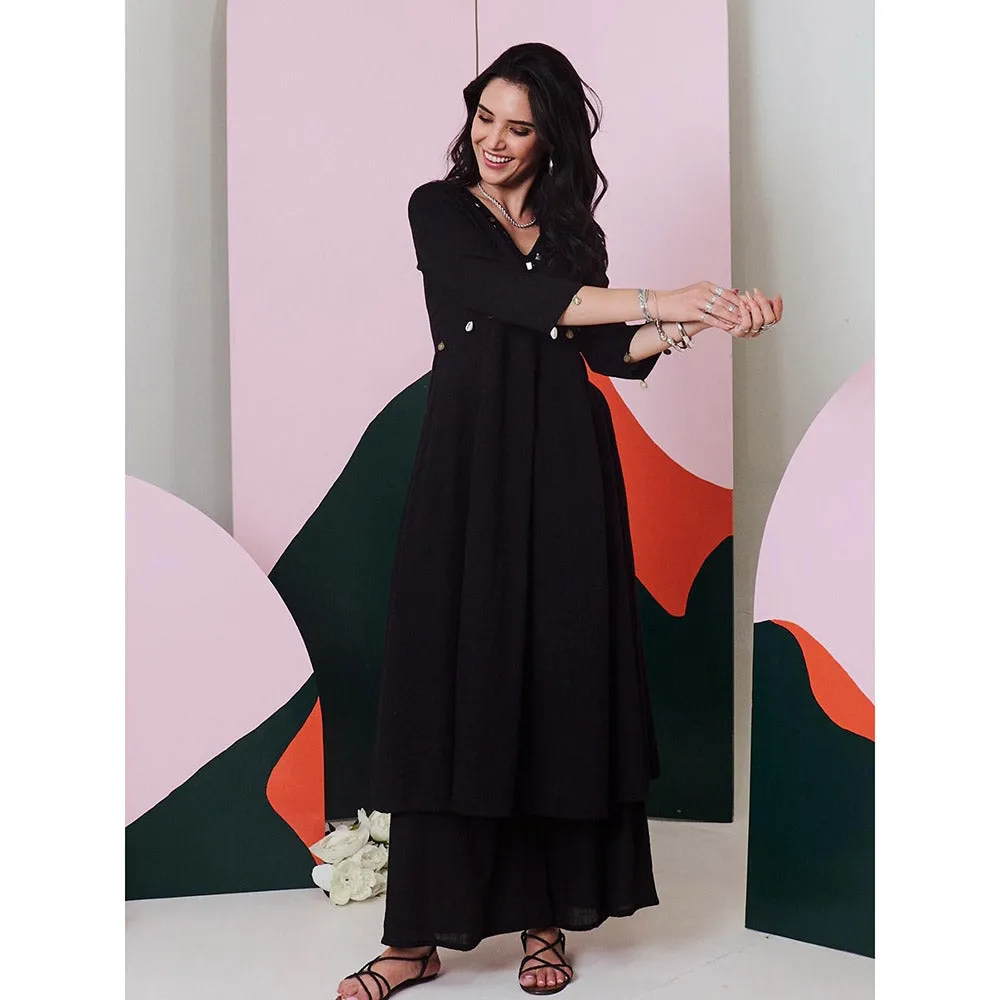 Gulaal Ajuni Black Mirror Embroidered Kurta Palazzo with Chanderi Dupatta (Set of 3)