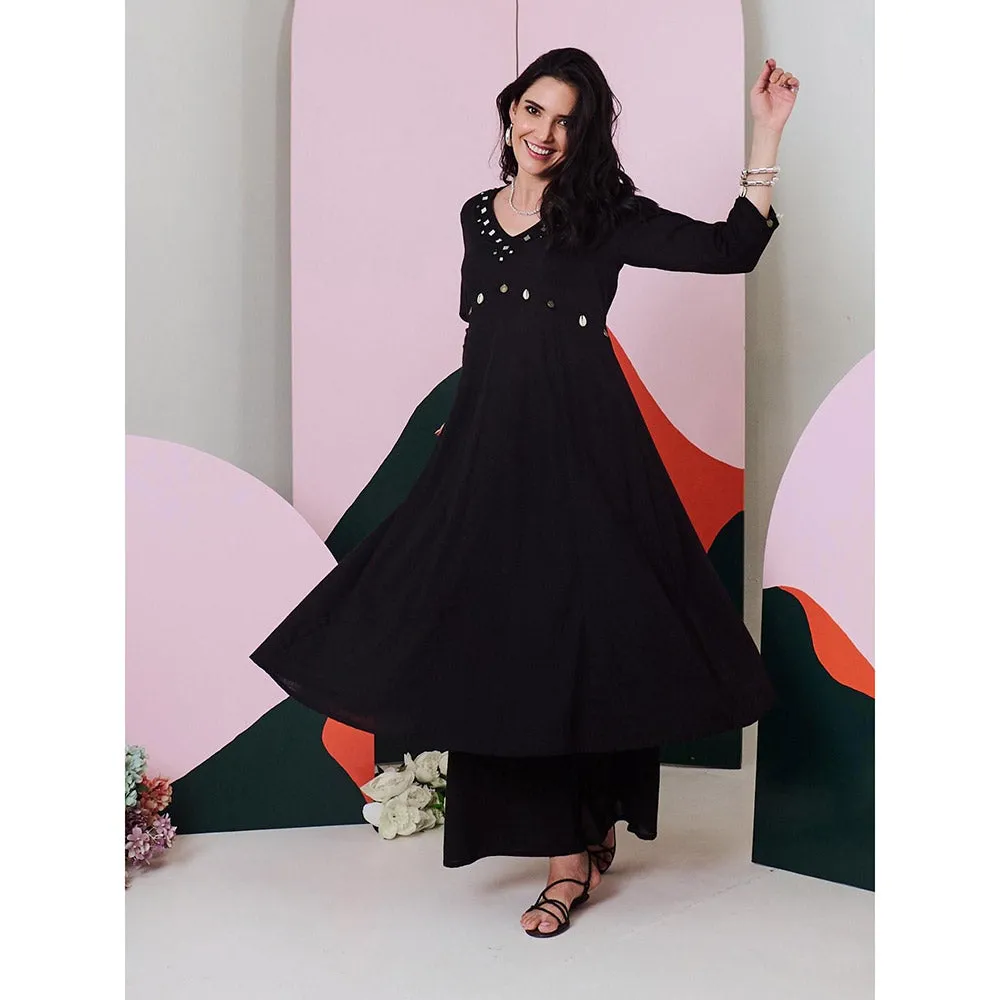 Gulaal Ajuni Black Mirror Embroidered Kurta Palazzo with Chanderi Dupatta (Set of 3)