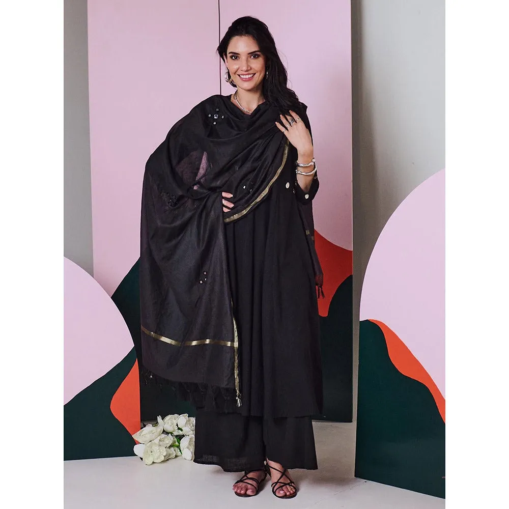 Gulaal Ajuni Black Mirror Embroidered Kurta Palazzo with Chanderi Dupatta (Set of 3)