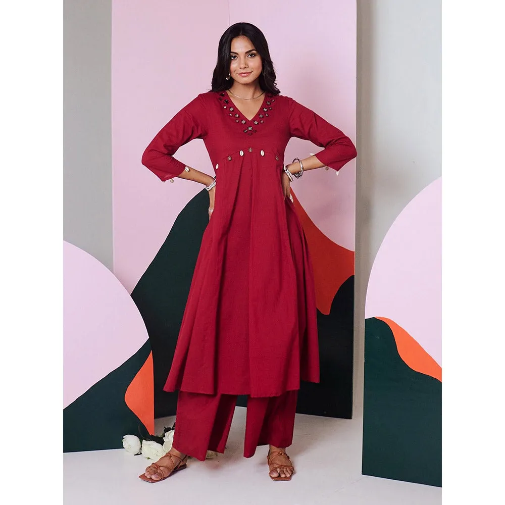 Gulaal Ajuni Maroon Mirror Embroidered Kurta Palazzo with Chanderi Dupatta (Set of 3)