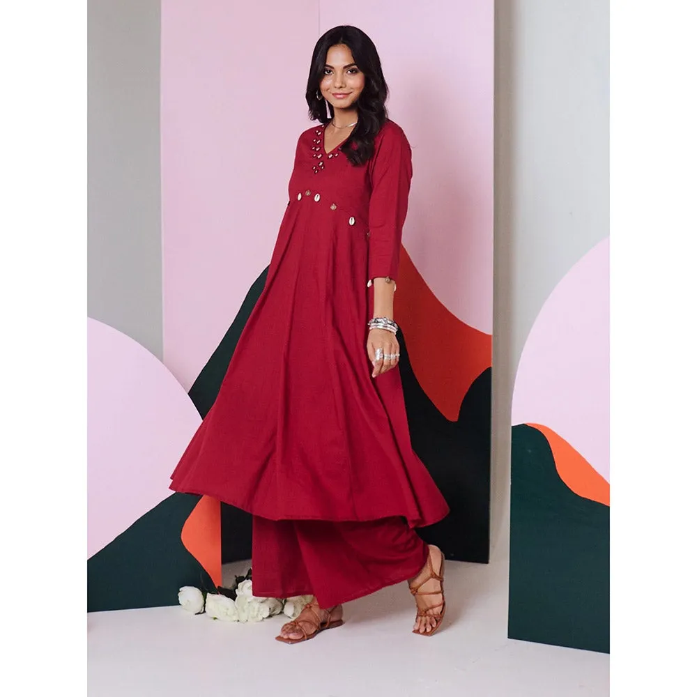 Gulaal Ajuni Maroon Mirror Embroidered Kurta Palazzo with Chanderi Dupatta (Set of 3)