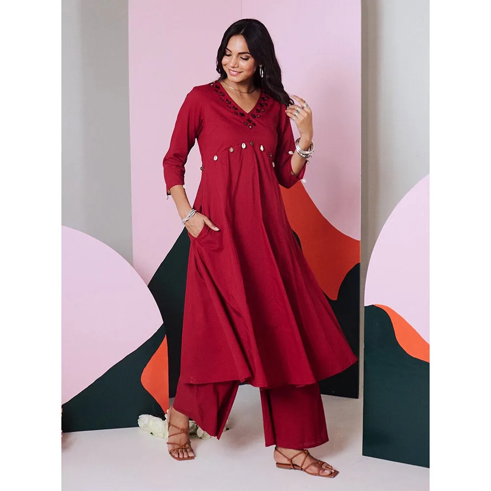 Gulaal Ajuni Maroon Mirror Embroidered Kurta Palazzo with Chanderi Dupatta (Set of 3)